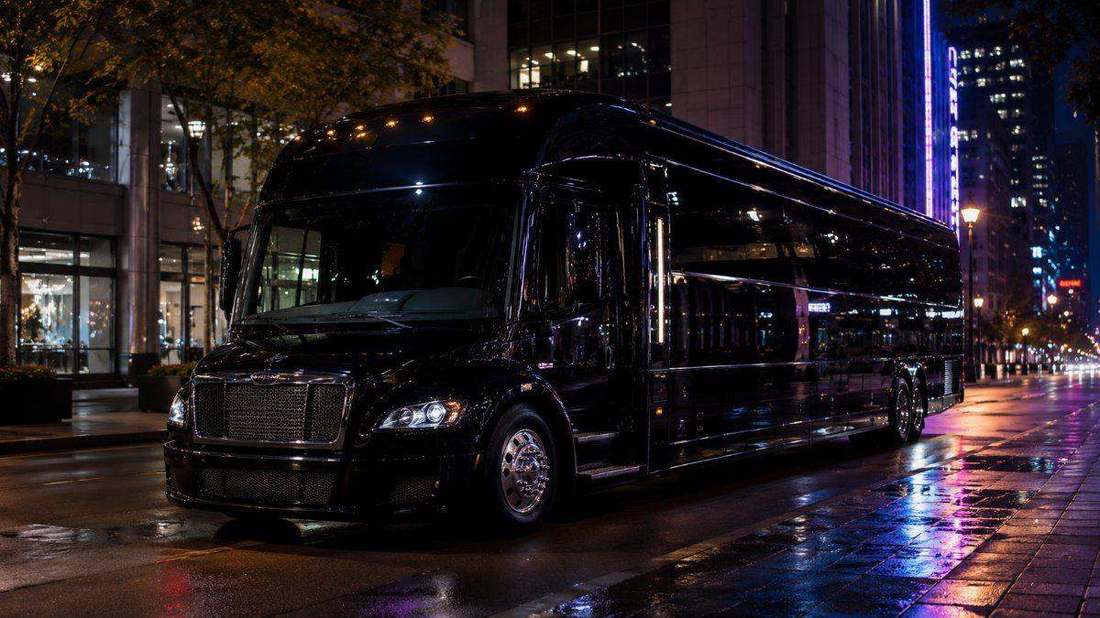 Black luxury party bus on a city street at night