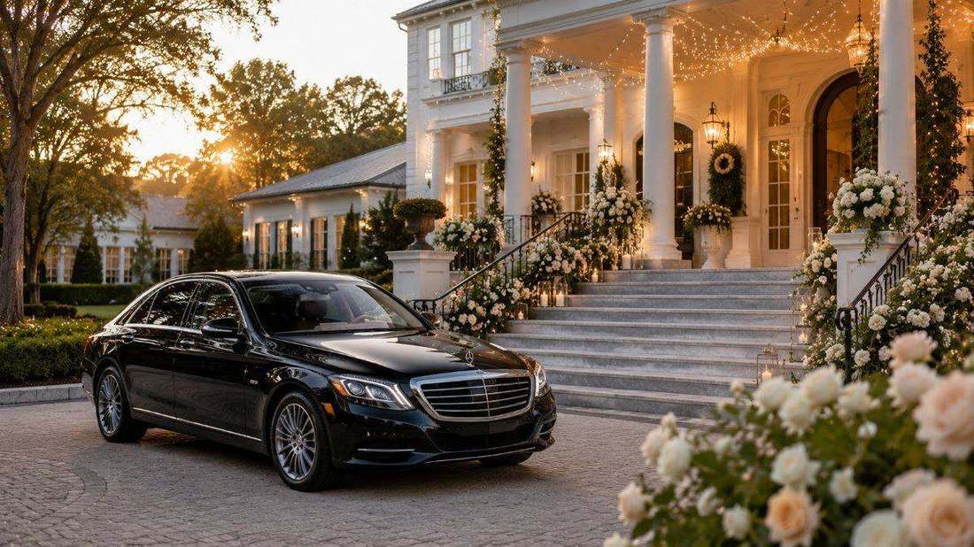 Black luxury SUV outside a vineyard winery estate at sunset